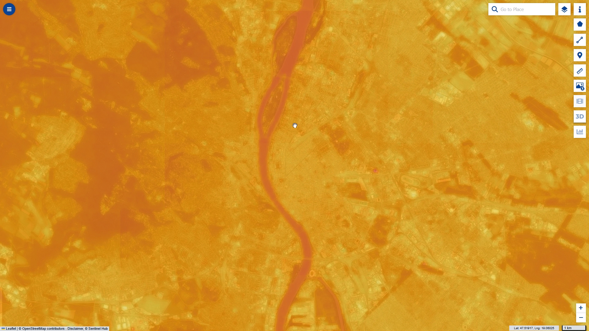 Sharpened LST over a VHR true color mosaic of Budapest