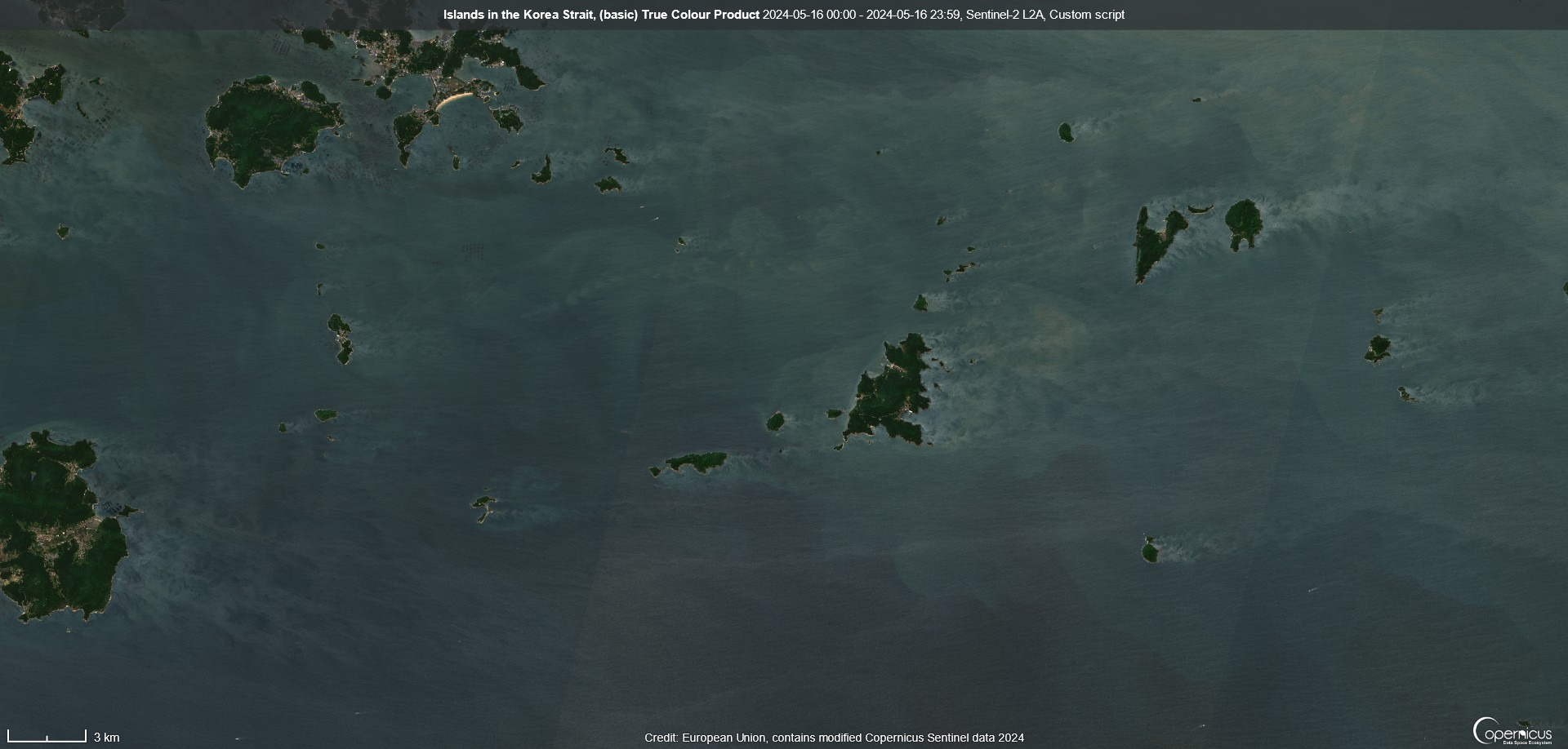 True color visualization of islands in the Korea Strait, on 16.05.2024.